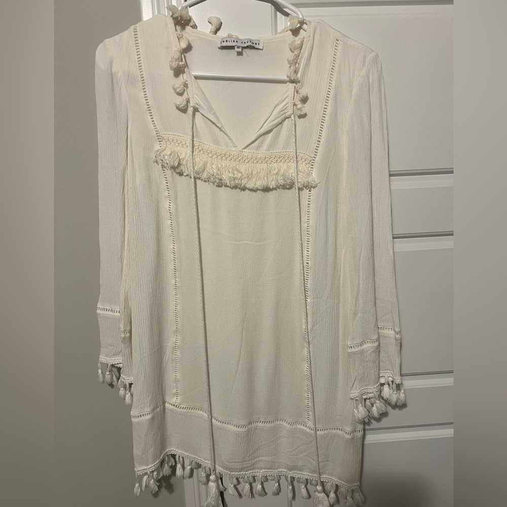 EUC- English Factory - white linen top with tassels - XS
